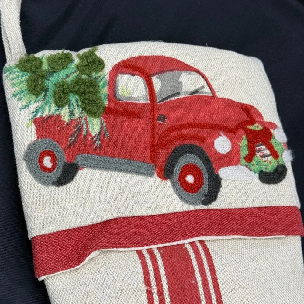 Set of Red‎ Truck Stocking Embroidered Holiday Xmas Tree Farmhouse Decor